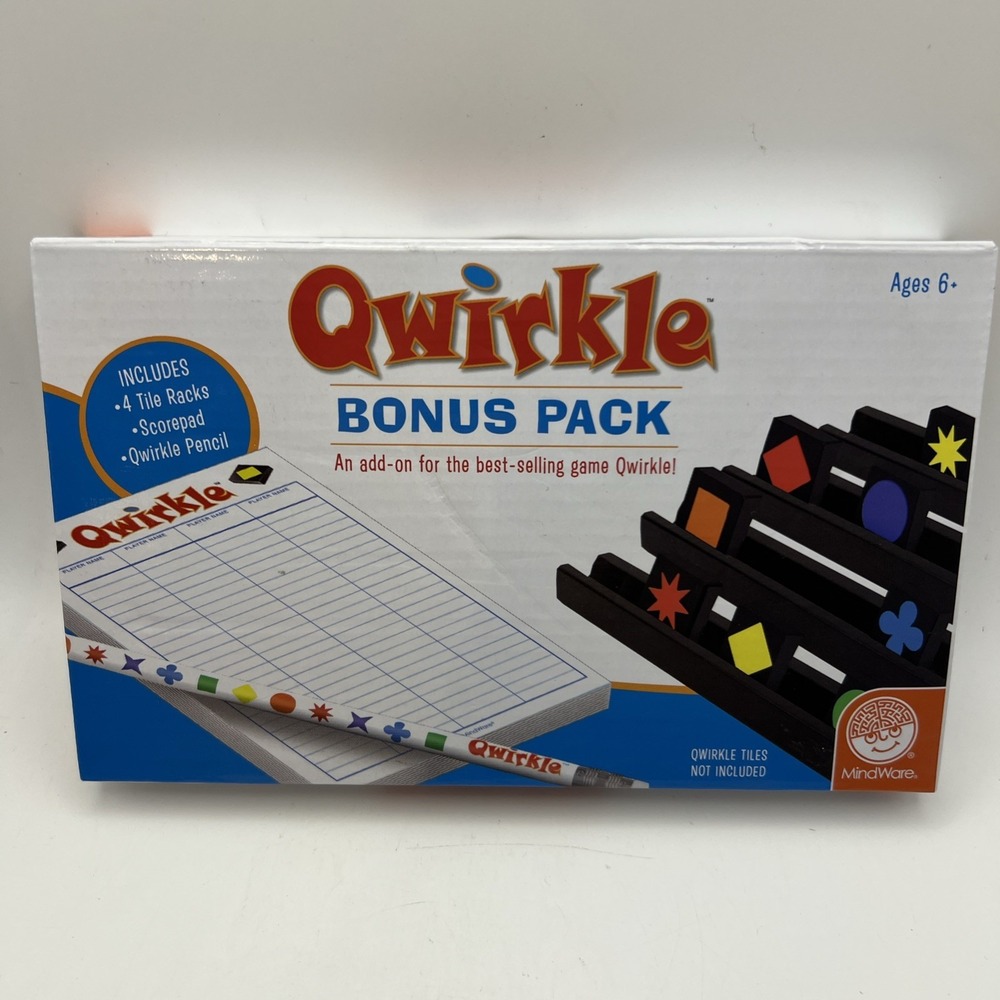 Qwirkle Bonus Pack with Storage Box Tile Racks Scoring Pad and Pencil. 3 Items.
